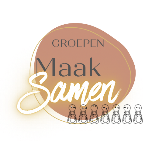 Gouden cirkel met tekst “Groepen maak Samen” en vijf kleine, lachende poppetjes onderaan. Workshop lansingerland