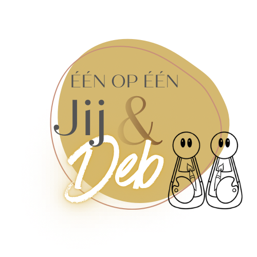 Gouden cirkel met tekst “ÉÉN OP ÉÉN”, “Jij & Ik” en lachende smiley’s met een klein hartje. Coaching, creatieve therapie, Workshop lansingerland