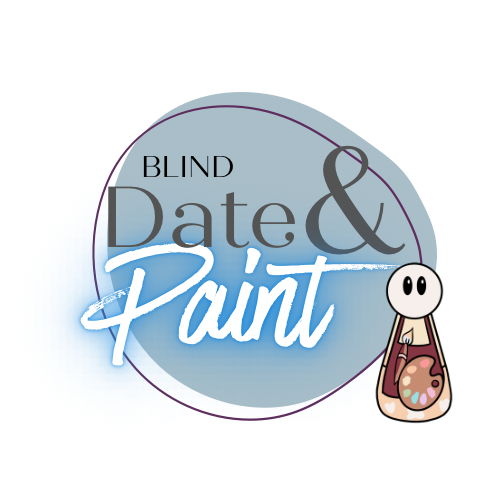 Blauw logo met tekst “Blind Date & Paint” en een cartoonfiguur met een roze hart en palet. Workshop lansingerland