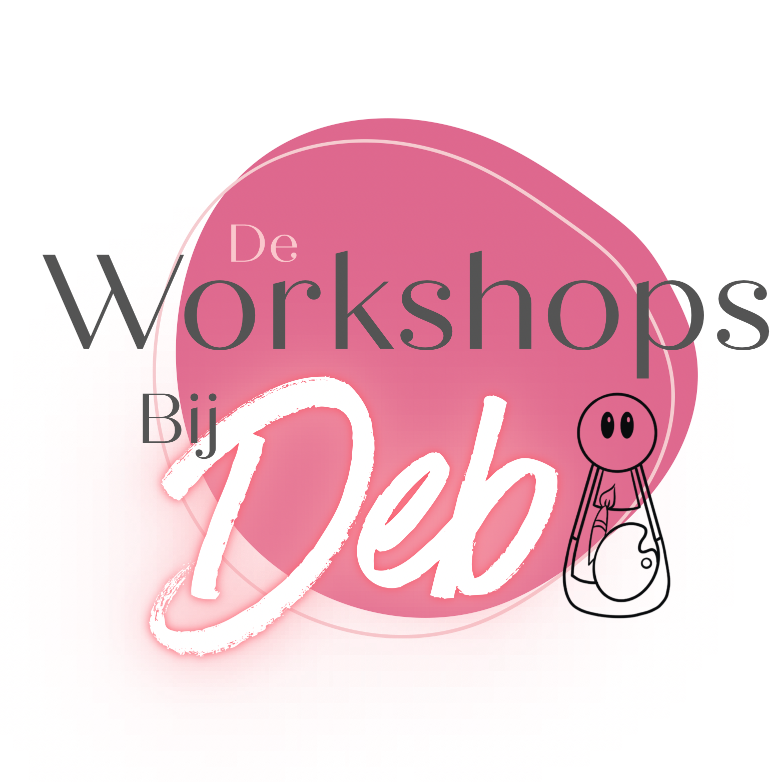 Roze logo met tekst “Workshops” en “Bij Deb”, met kleine peggdol. 