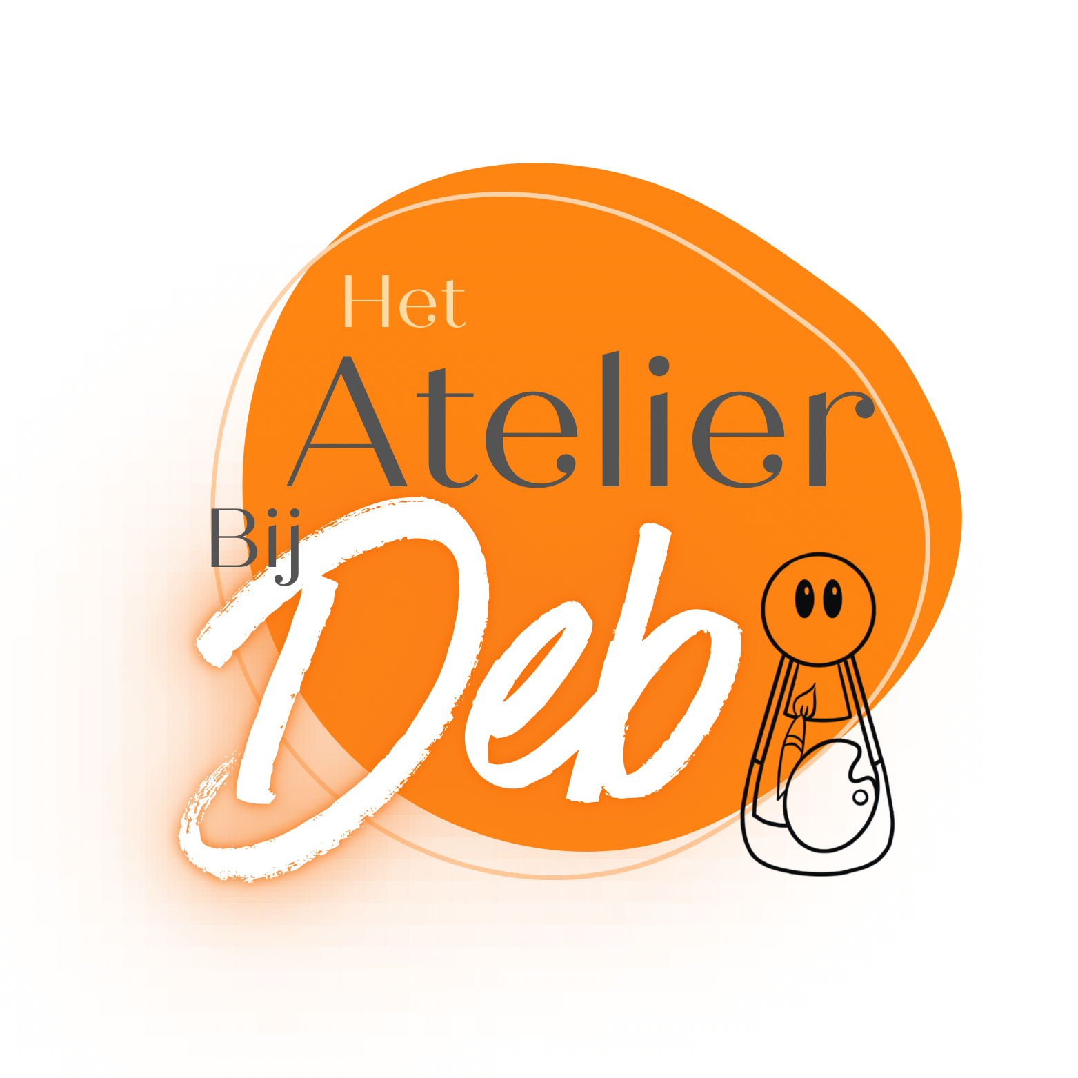 Oranje logo met tekst “Het Atelier Bij Deb” en een peg doll lijntekening 