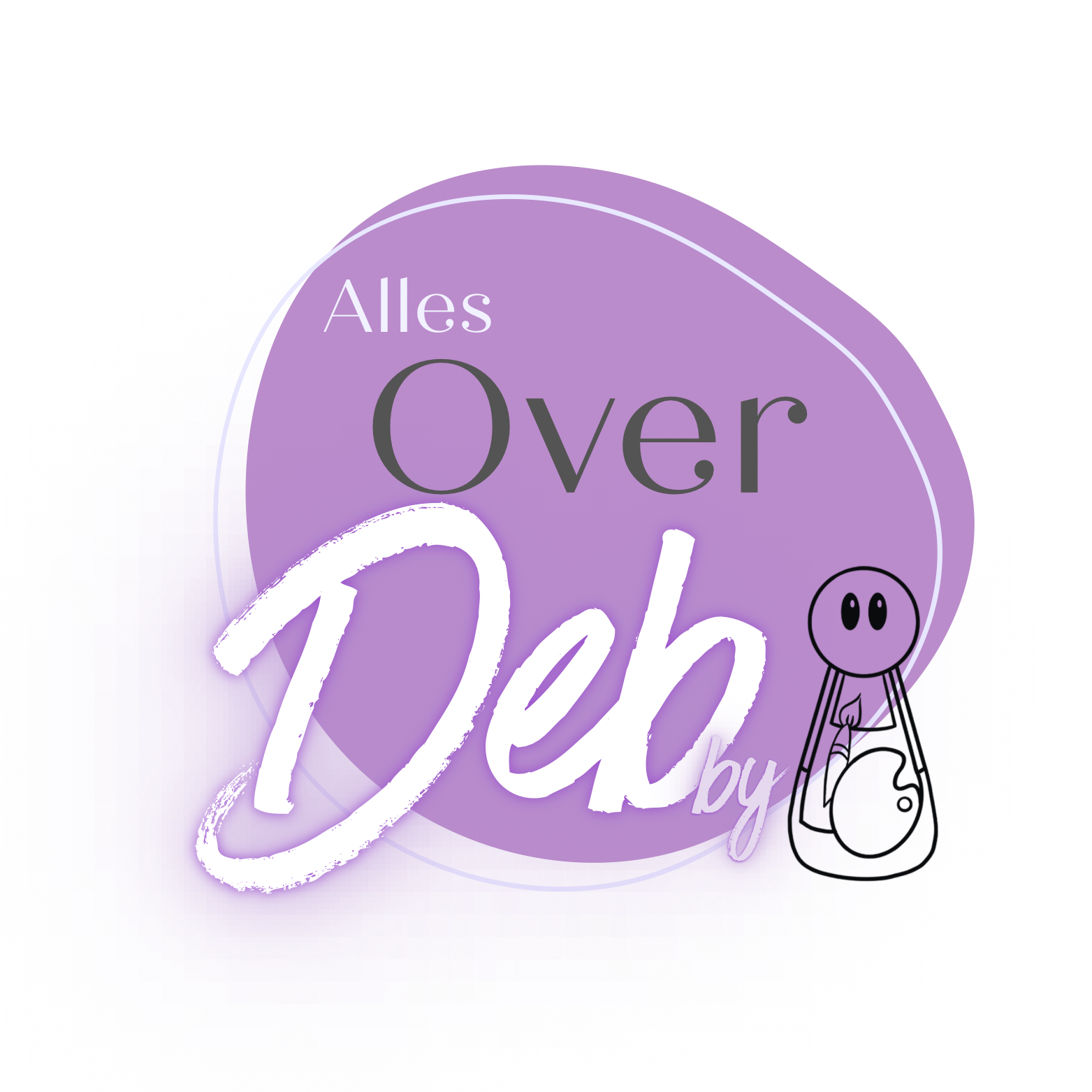 Paars logo met tekst “Alles Over Debby” en een kleine peg doll. Debby Luijken. Kunstenares