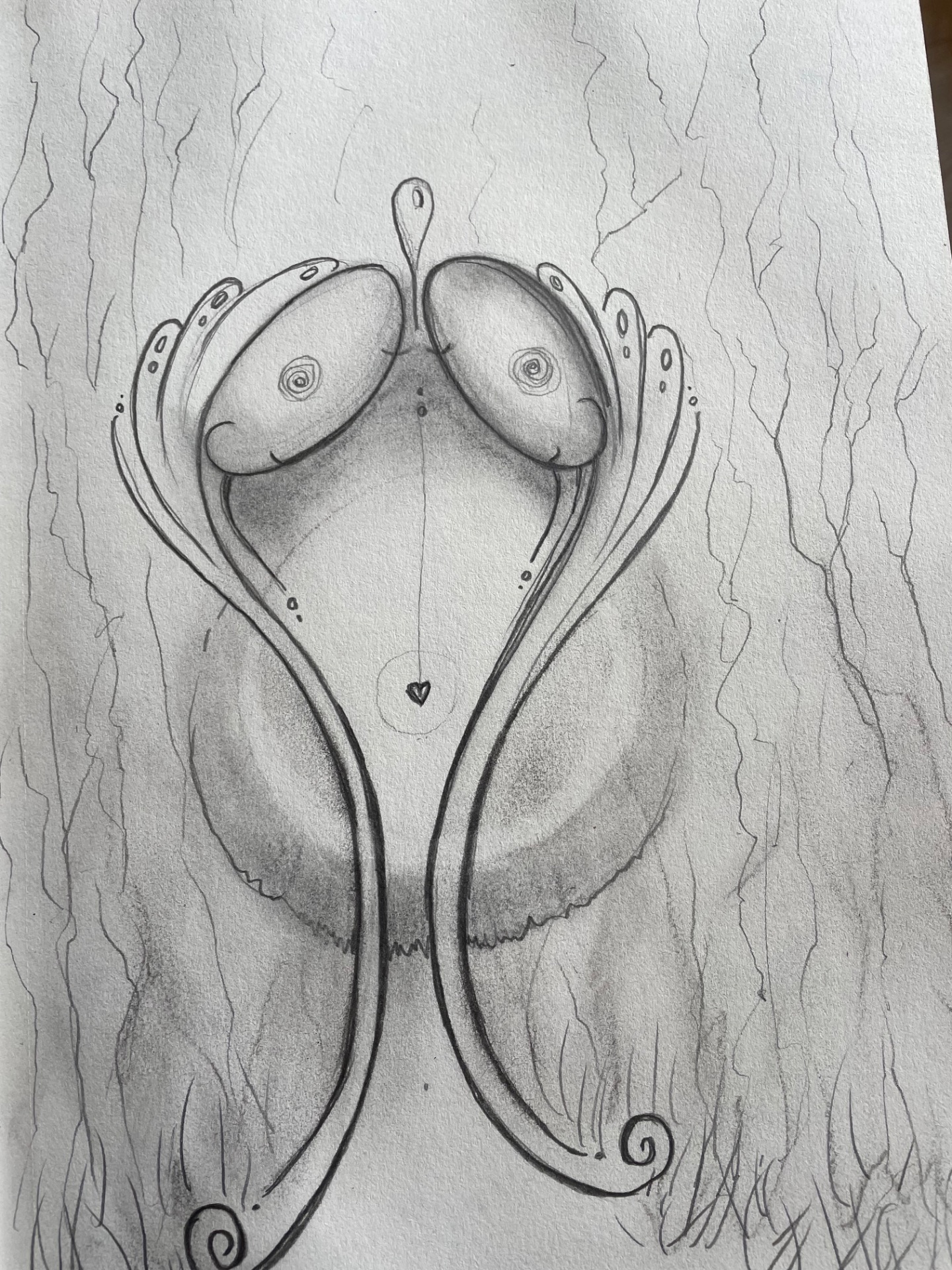 Potloodtekening met een symbolische vorm gemaakt tijdens Archetypisch